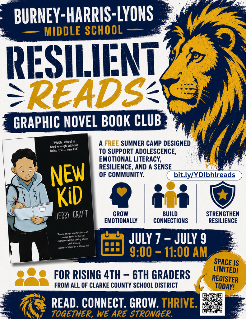 This flyer advertised the Athens Youth Development Initiatives FREE summer literacy camp for rising 4th through 8th graders in all of CCSD. The dates of the camp is July 7-July 9 from 9am to 11 am daily. To register go to  https://bit.ly/YDIbhlreads.. The flyer is white with blue and gold elements. There is also an image of the book they will be reading, Jerry  Craft's New Kid. 