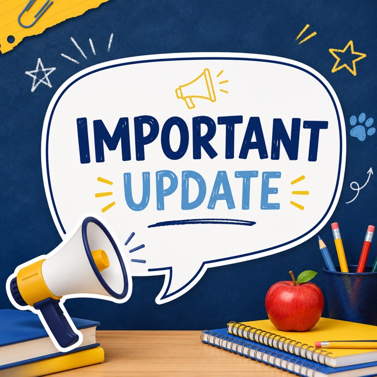 a cartoon drawing of a megaphone in a classroom announcing an update