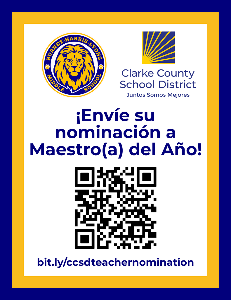 This is a flyer that has a blue and gold parallel line border around all edges. It's a reminder that you can nominate for Teacher of the Year and Support Professional of the Year. This one is in Spanish Translation. There is a QR code. The code takes you to bit.ly/ccsdteachernomination