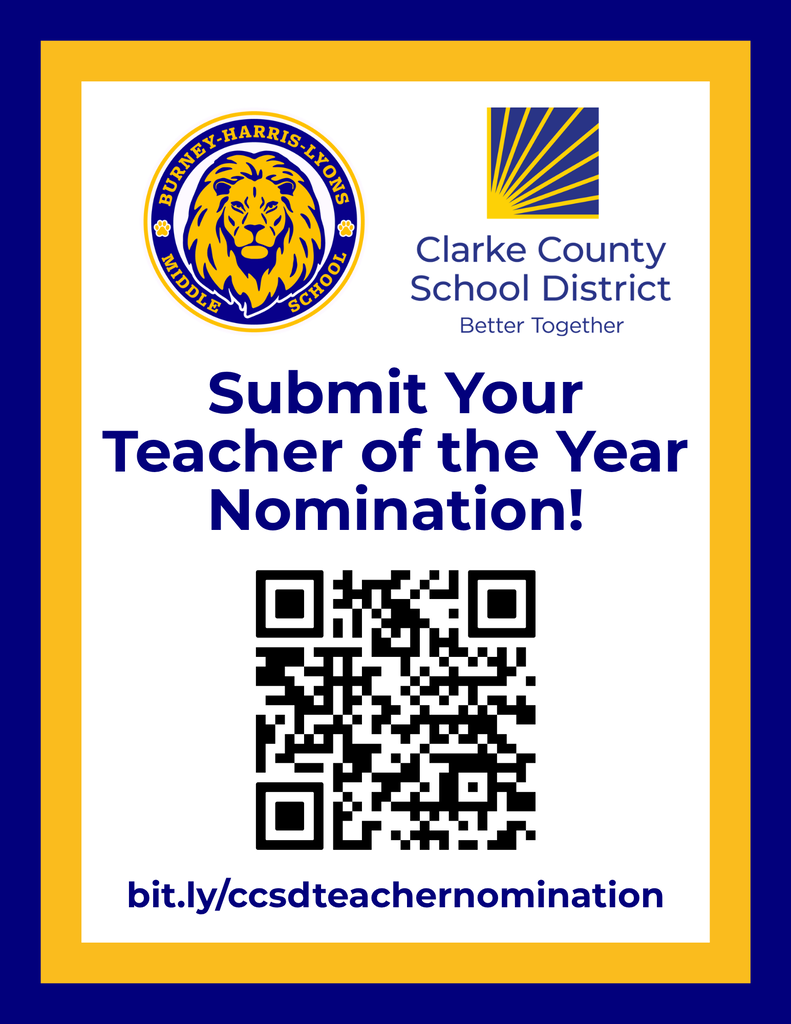 This is a flyer that has a blue and gold parallel line border around all edges. It's a reminder that you can nominate for Teacher of the Year and Support Professional of the Year. This one is in Engligh. There is a QR code. The code takes you to bit.ly/ccsdteachernomination