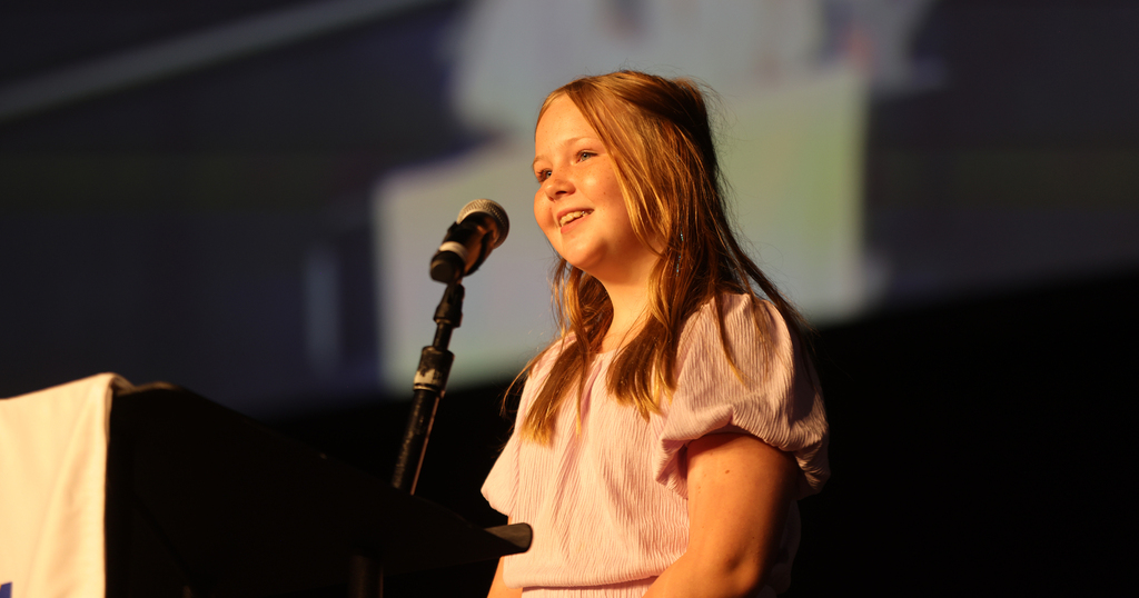Whitehead Road Elementary student speaking during opening session