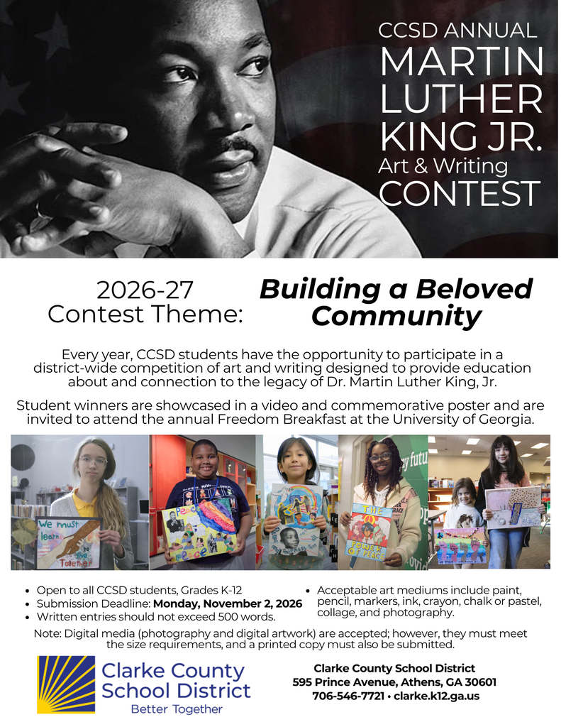 Flyer in Spanish translation for the 2026–27 Clarke County School District (CCSD) annual Martin Luther King Jr. Art & Writing Contest. A large black-and-white photo of Dr. Martin Luther King Jr. appears at the top, with the contest title overlaid. The theme is “Building a Beloved Community.” The flyer explains that the contest is open to CCSD students in grades K–12 and that written entries must be 500 words or fewer. The submission deadline is Monday, November 2, 2026. Acceptable art media include paint, pencil, markers, ink, crayon, chalk or pastel, collage, and photography; digital artwork is also accepted with size requirements and a printed copy. A row of photos shows students holding their artwork. The flyer includes the CCSD logo and contact information at the bottom.