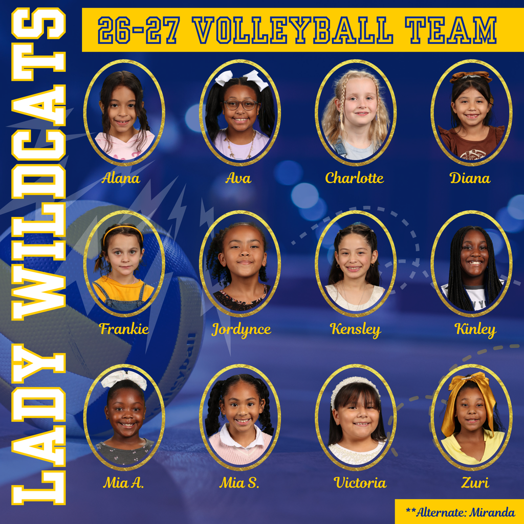 a photo grid of 12 girls who were selected for the 26-27 volleyball team. The background is blue and has a blue and yellow volleyball on it