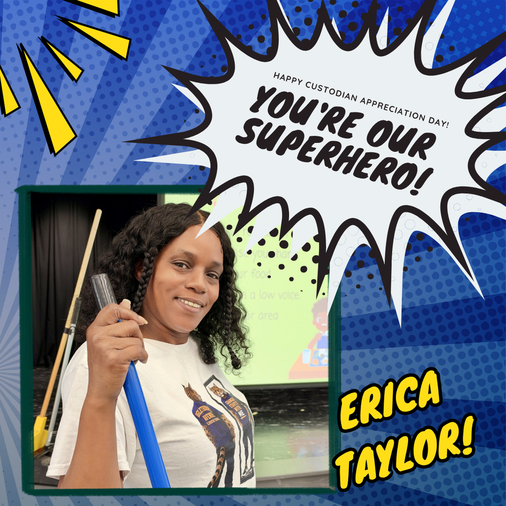 Ms. Erica poses smiling with a broom