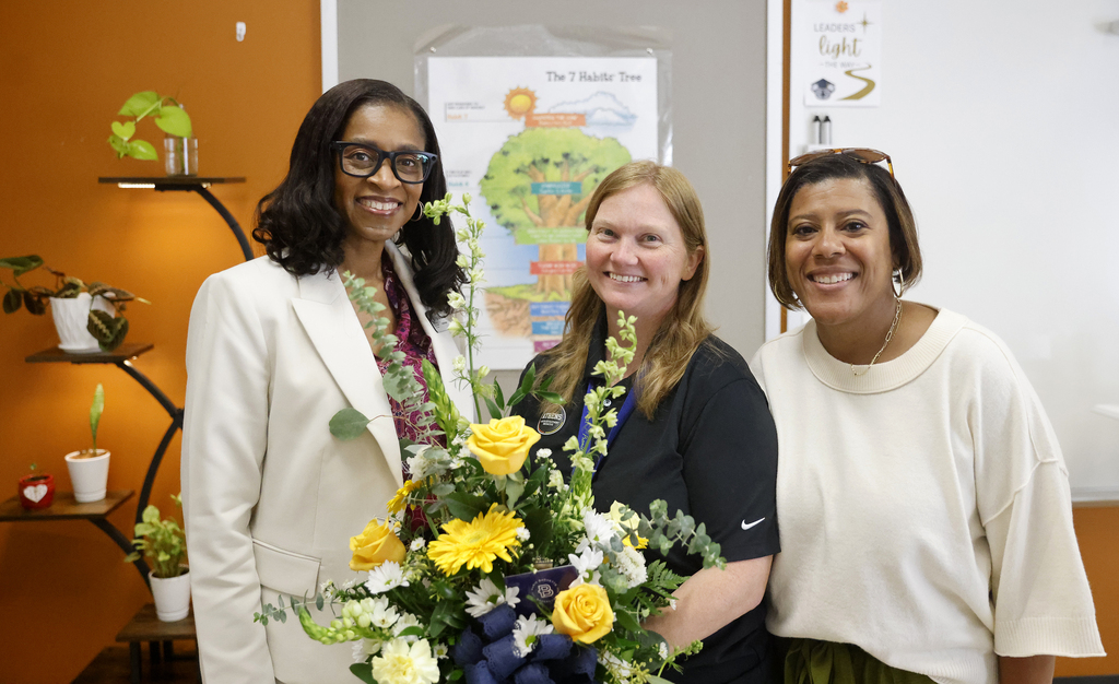Whitehead Road teacher with Superintendent and principal