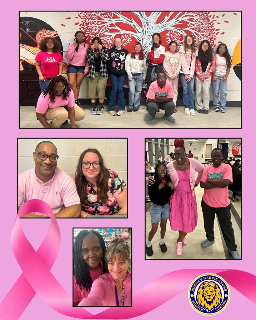 A large group of middle school staff and students wearing pink shirts posing together in front of a colorful wall mural. Two teachers smiling with pink and pink floral shirts on. A tall teacher with a pink dress, pink sweater and pink tennis shoes poses with two students wearing pink shirts. Two adults lean in together for a selfie both wearing pink shirts.