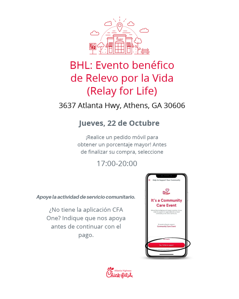 Folleto promocional de la Noche de Apoyo de Chick-fil-A en español para BHL Relay for Life en 3637 Atlanta Hwy, Athens, GA. Detalla cómo realizar pedidos a través de la aplicación CFA One el jueves 28 de octubre, de 5:00 PM a 8:00 PM, e incluye una ilustración de un teléfono inteligente que muestra el paso para ordenar y el logotipo de Chick-fil-A en la parte inferior.