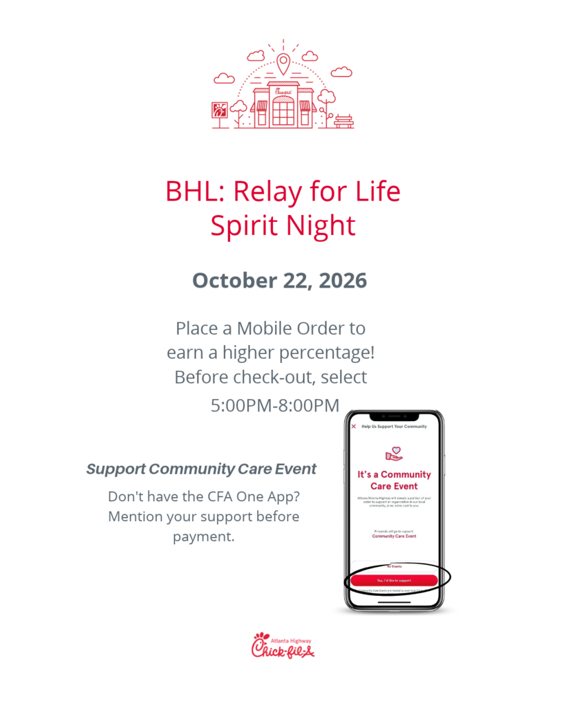 Chick-fil-A Spirit Night promotional flyer in Spanish for BHL Relay for Life at 3637 Atlanta Hwy, Athens, GA. It details ordering via the CFA One app on Thursday, October 28, from 5:00 PM to 8:00 PM, featuring an illustration of a smartphone displaying the ordering step and the Chick-fil-A logo at the bottom.