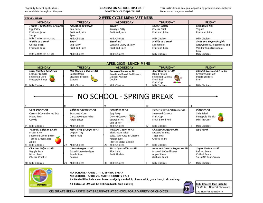 calendar food menu