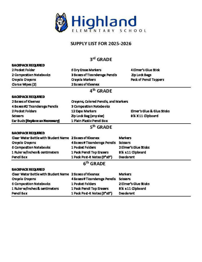 School supply list