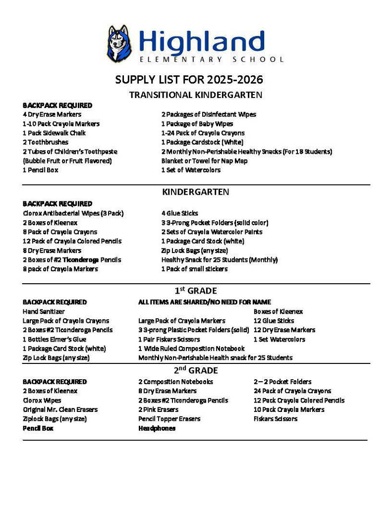 School supply list