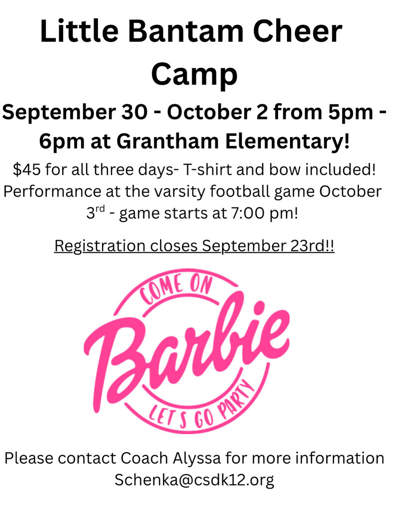 Little Bantam Cheer Camp September 30-October 2 from 5 pm-6 pm at Grantam Elementary