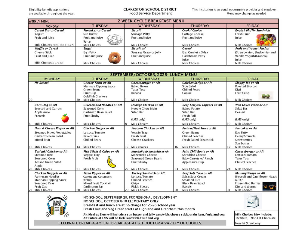 Calendar with breakfast and lunch menu items