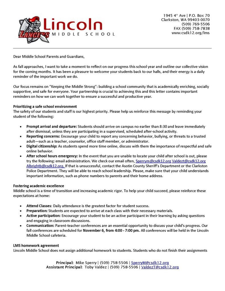 Important letter from Mr. Sperry, LMS Principal