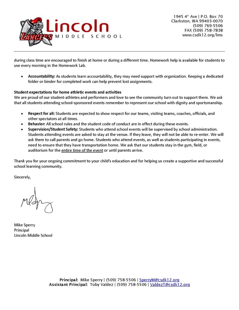 Important letter from Mr. Sperry, LMS Principal