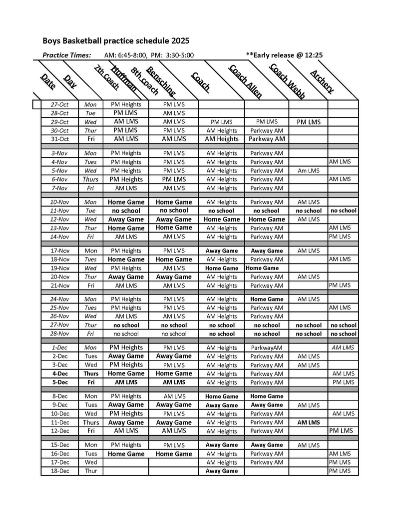 LMS Boys Basketball Practice Schedule
