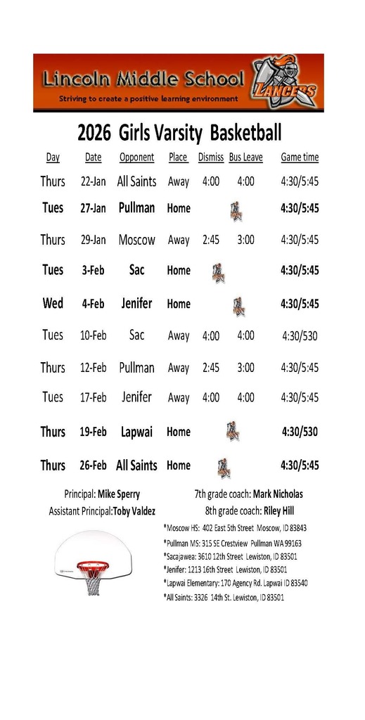 LMS Varsity Girls Basketball Schedule