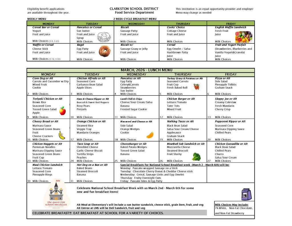 March breakfast and lunch menu