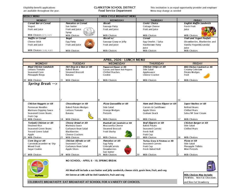 April 2026 Breakfast and Lunch Menu