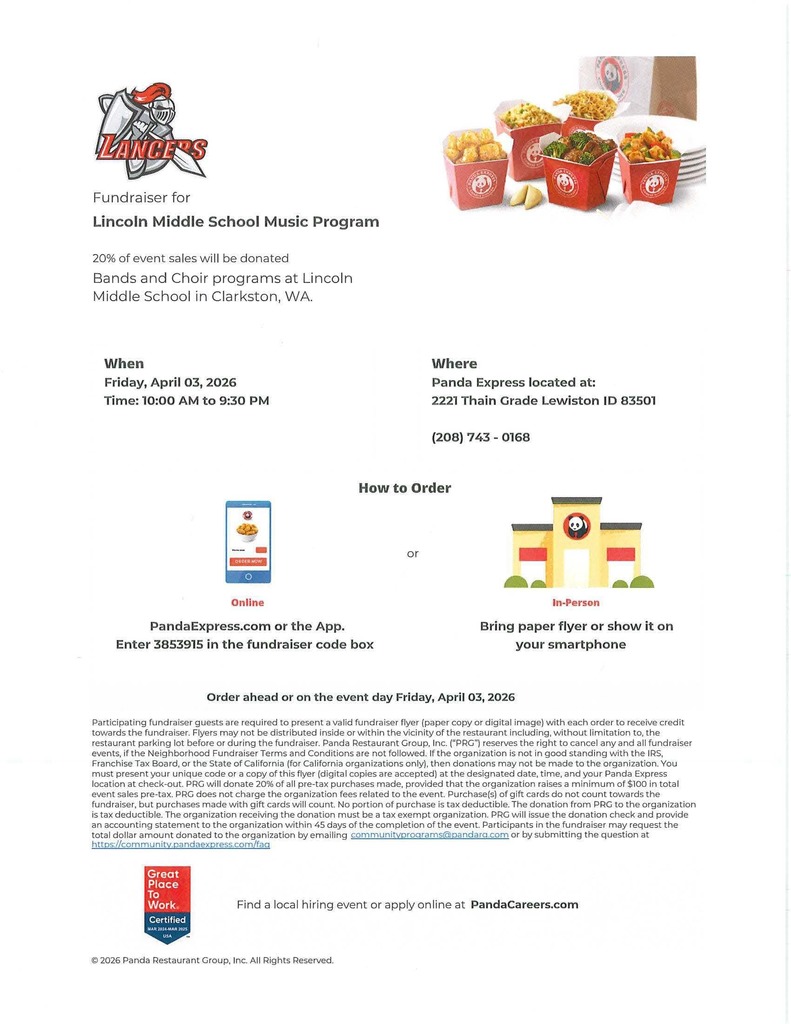 LMS Music Program Panda Express fundraiser.  Friday, April 3rd