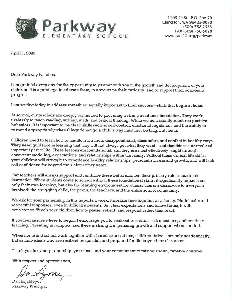 Parkway Parent Letter Page 1