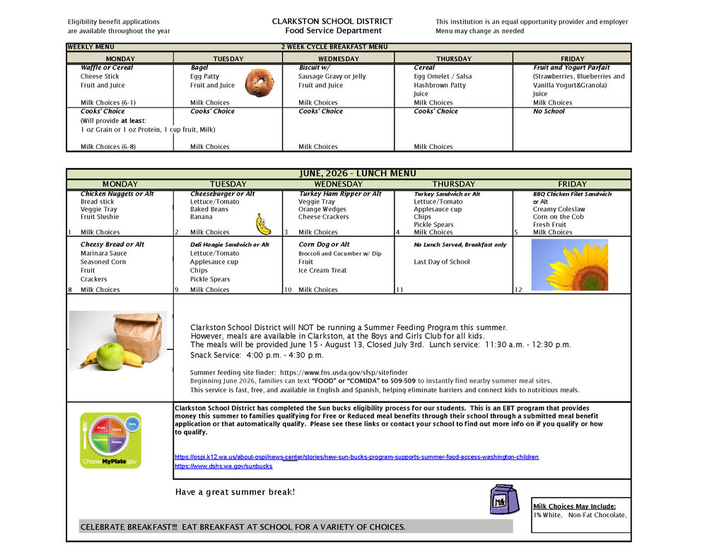 June 2026 breakfast and lunch menu