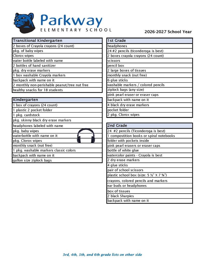 School supplies list for Parkway Elementary, 2026-2027 school year. Items listed include pencils, erasers, markers, and other supplies.
