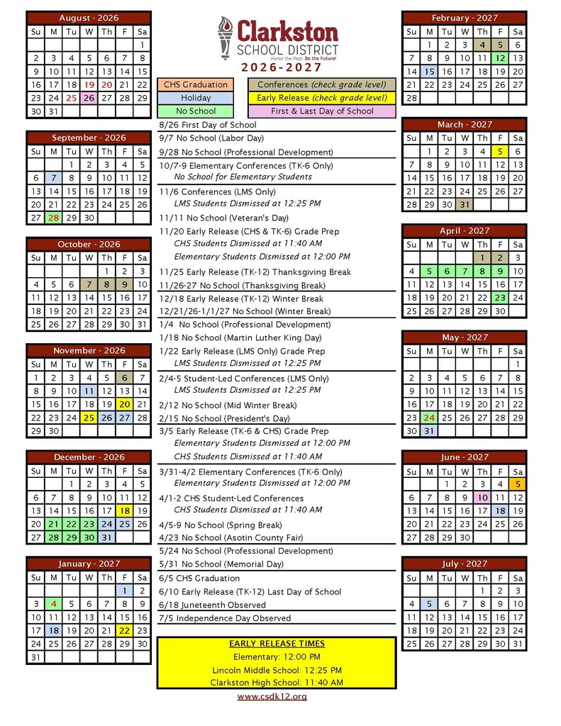 colorful calendar reflecting school days for the 2026-2027 school year