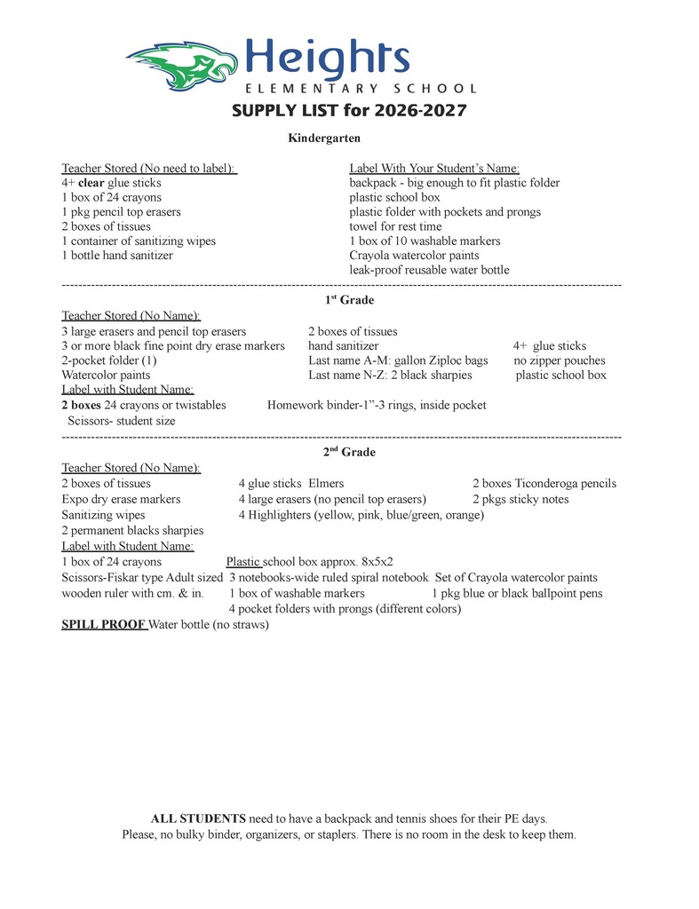 Updated Heights School Supply List 1/3 (7.24.26)