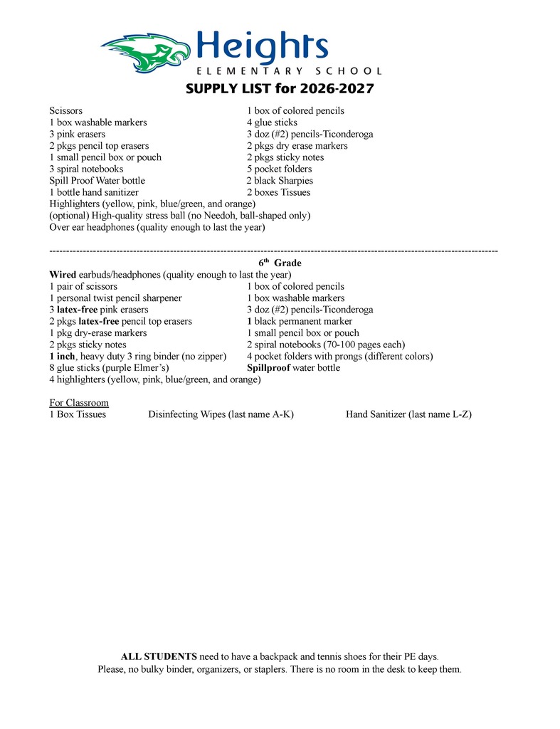 Updated Heights School Supply List 3/3 (7.24.26)
