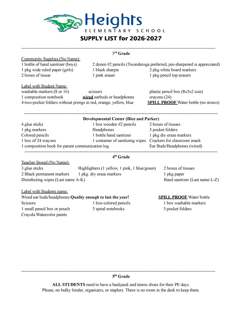 Updated Heights School Supply List 2/3 (7.24.26)