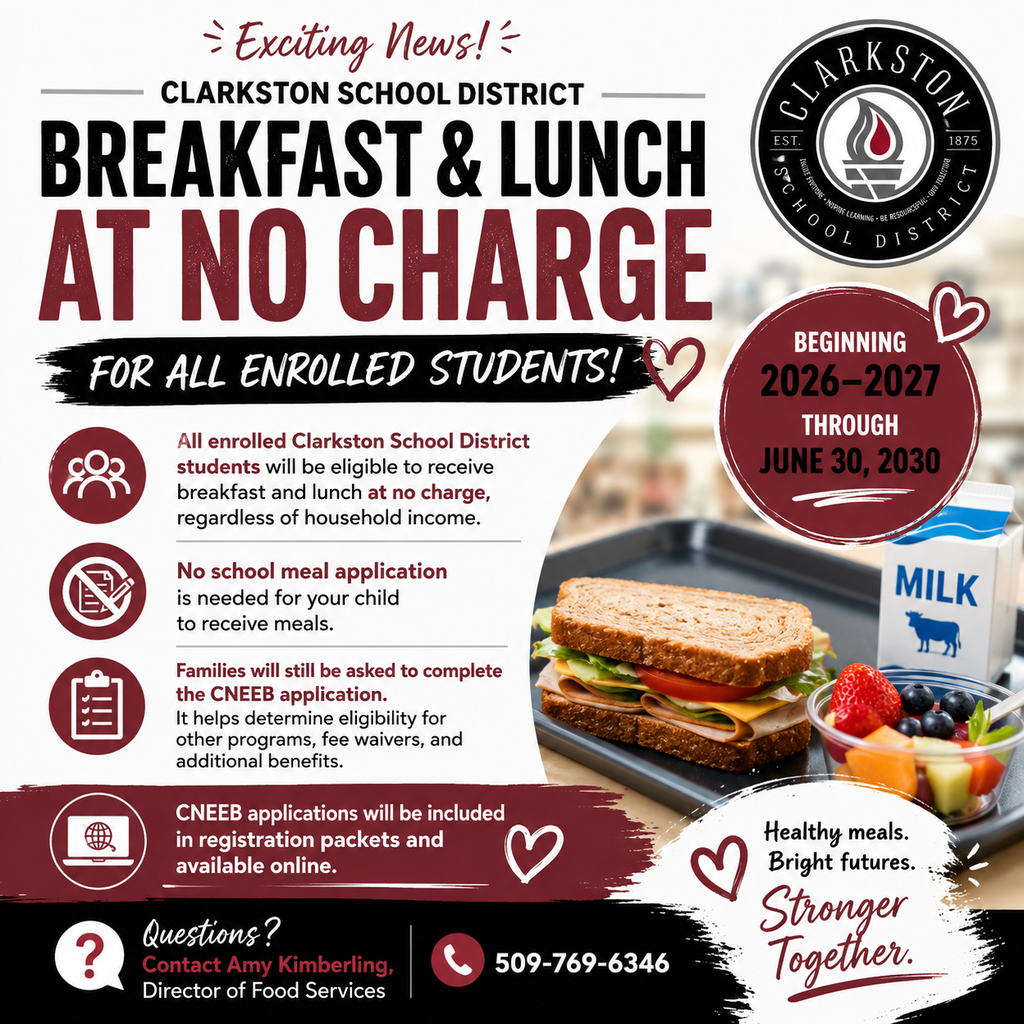 Flyer with bold text and images of food. Information on breakfast and lunch at no charge for students.