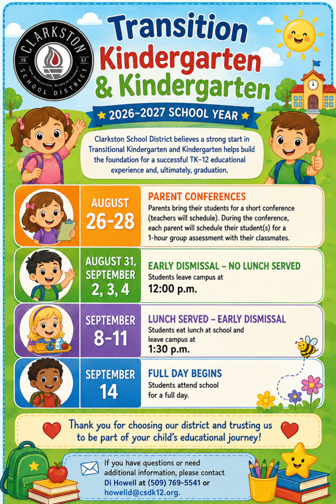 A colorful flyer announces the 2026-2027 school year for Transition Kindergarten and Kindergarten. Dates include parent conferences, early dismissal, and full day start.