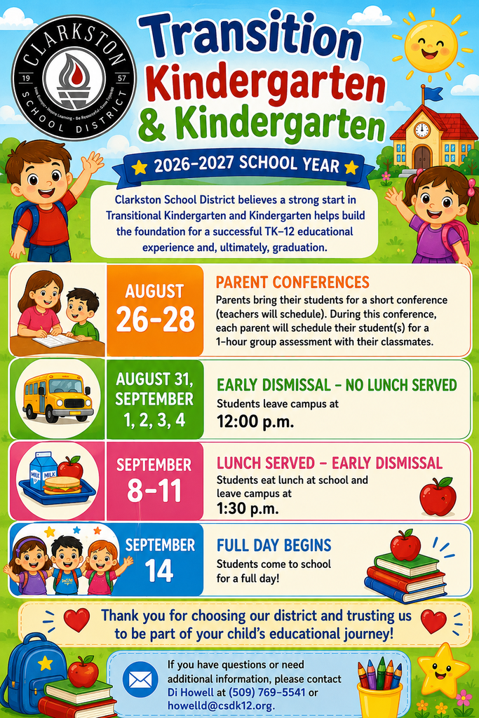 Bright, colorful flyer for Transition Kindergarten & Kindergarten 2026-2027 school year with dates, events, and school details.
