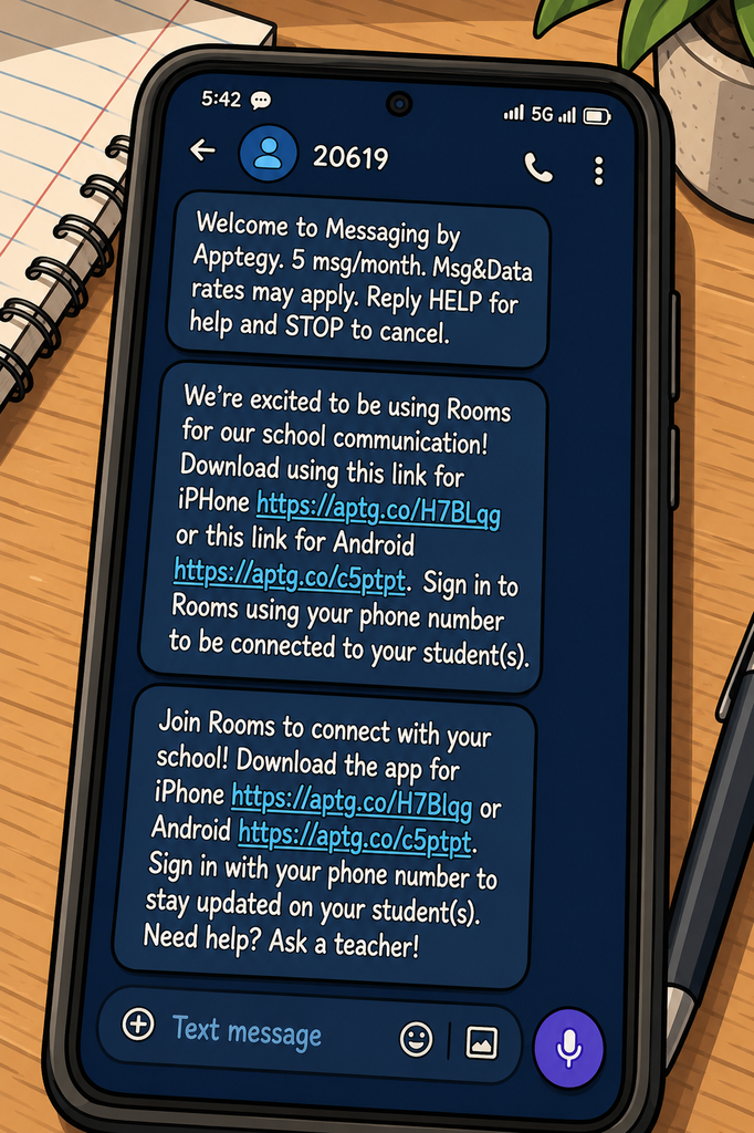 A smartphone screen displays a message from 20619. The message is about joining Rooms for school communication. It includes links and instructions for downloading the app.