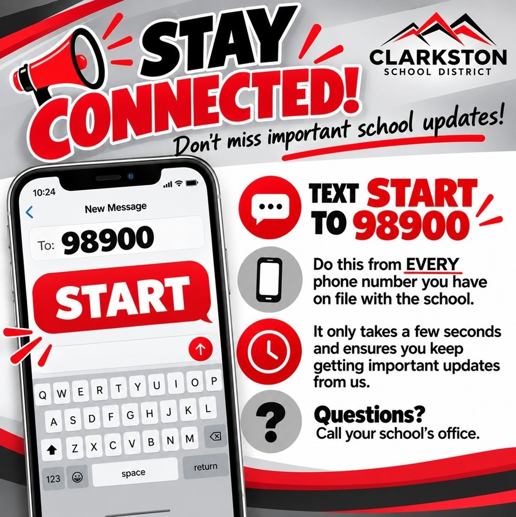 An advertisement poster for school updates. A smartphone displays a text message. The poster has a phone, a timer, and a question mark.