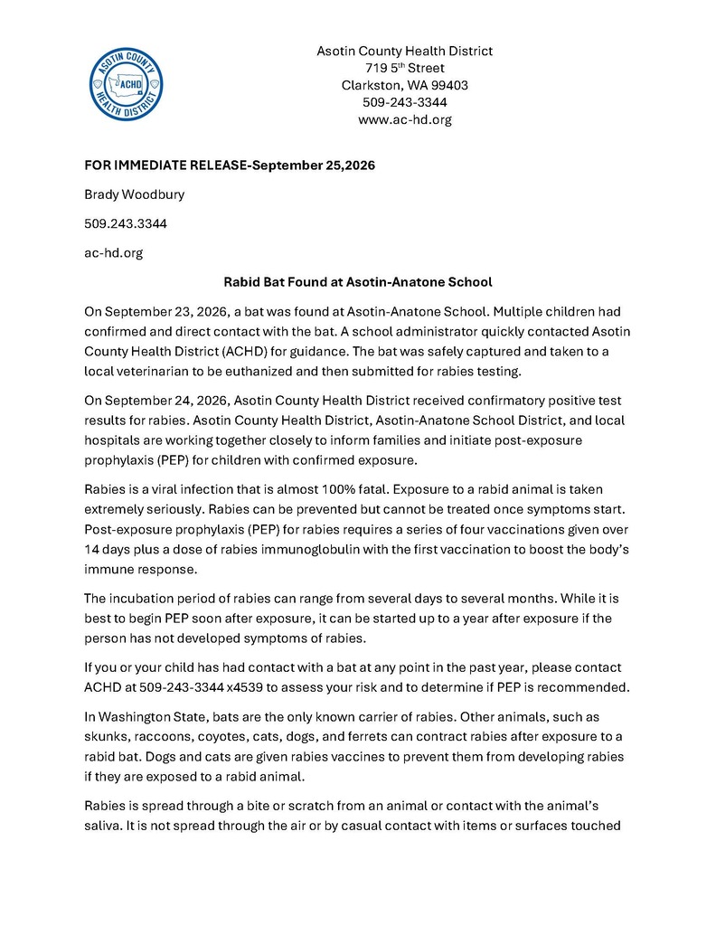 Document with header "Asplin County Health District" at top, bold text "FOR IMMEDIATE RELEASE" followed by date, and a title "Rabies Bat Found at Asplin-Astone School".