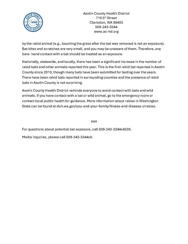 A document from Austin County Health District. It discusses exposure to rabies from bats, emphasizing the need to avoid contact and seek guidance.