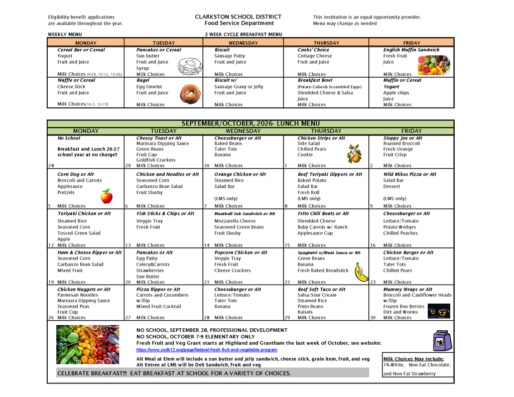 A document with a white background contains text, images of a donut, apple, and banana, and a collage of various vegetables.
