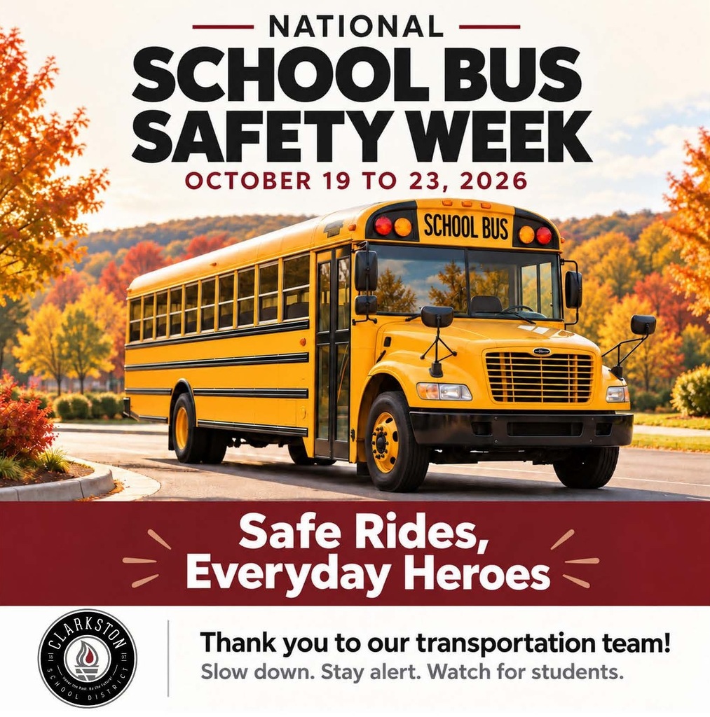 Yellow school bus in front of fall trees. Words: National School Bus Safety Week. Bus in motion.