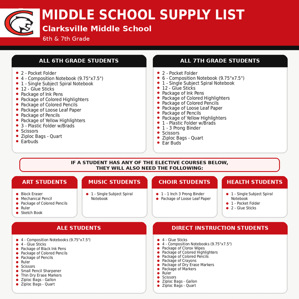 Middle School Supply List 2026-27