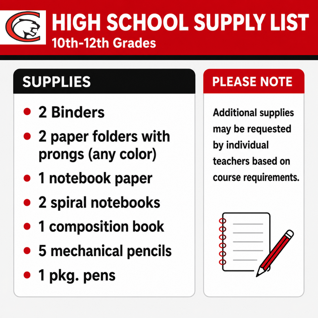 High School Supply List 2026-27