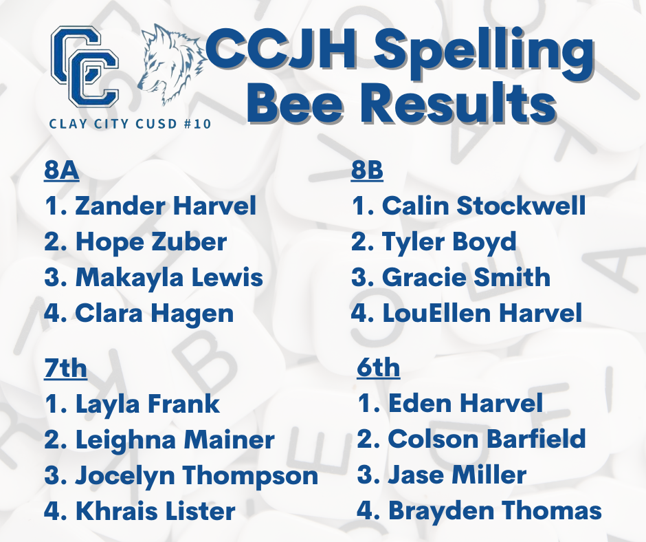 CCJH students held a spelling bee in each class. Some of these students will participate in the county spelling bee on January 31 at Floyd Henson Junior High in Flora. Congratulations students!