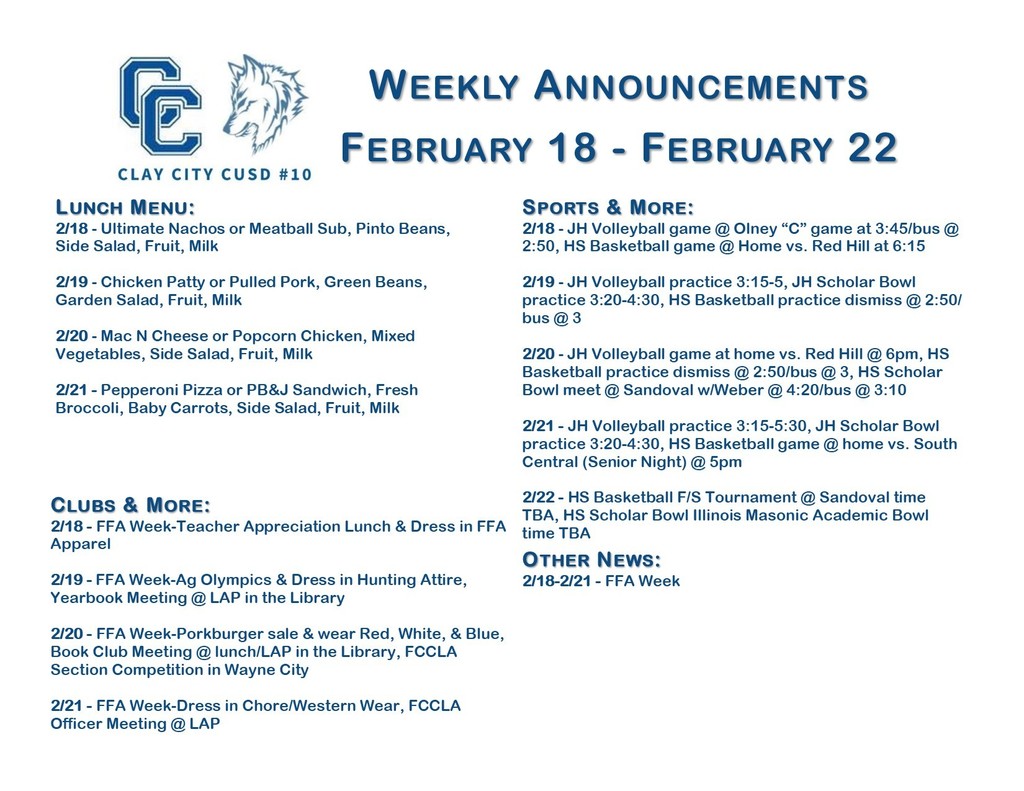 Weekly Announcements • February 18 - February 22
