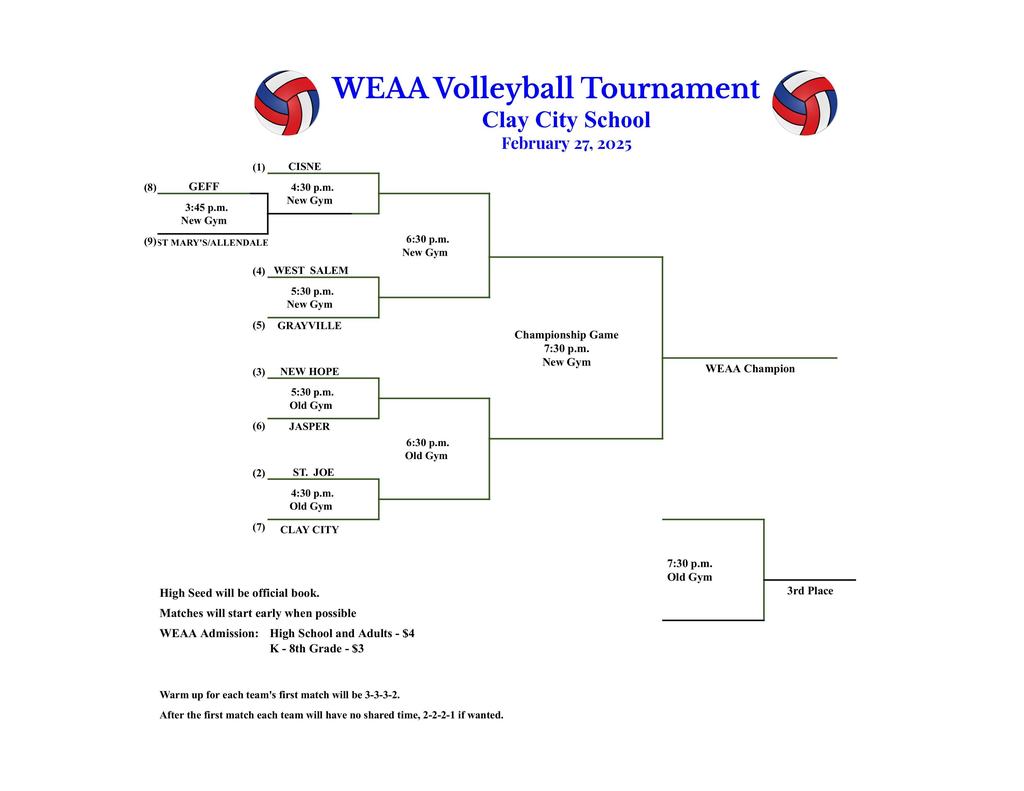 Below is the bracket for the upcoming WEAA Volleyball Tournament scheduled for Thursday, February 27.