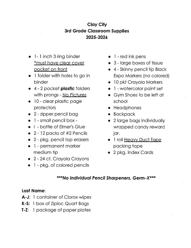 Here are the supply lists for students K-5 at Clay City Elementary.
