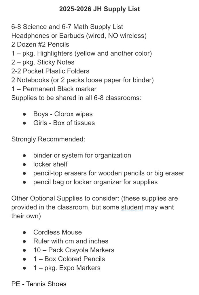 Here is the junior high supply list.