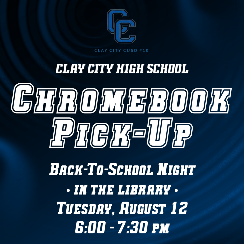 Attention CCHS Students: Chromebooks and chargers will be available for pick-up at Back-To-School Night on Tuesday, August 12 from 6:00 - 7:30pm. See Mrs. Goodrum in the library for your devices.