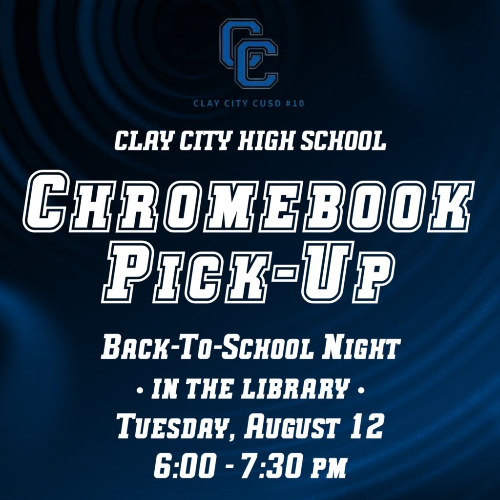 *REMINDER* Attention CCHS Students: Chromebooks and chargers will be available for pick-up at Back-To-School Night on Tuesday, August 12 from 6:00 - 7:30pm. See Mrs. Goodrum in the library for your devices.