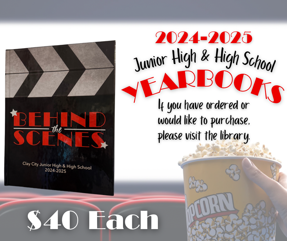 The 2024-2025 Claytonian has arrived! Junior high and high school students who have purchased, or would like to purchase, should see Mrs. Goodrum in the library. If you haven’t purchased yet, books will be available for purchase for $40.